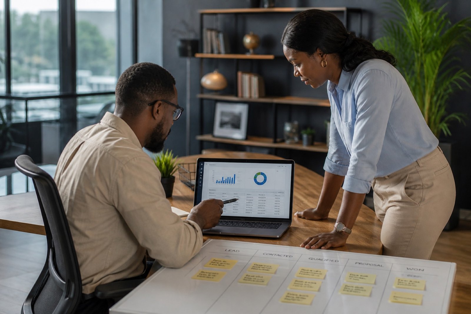 Business operators reviewing operational dashboards together